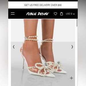 Public desire pearl bow pointy clear heels